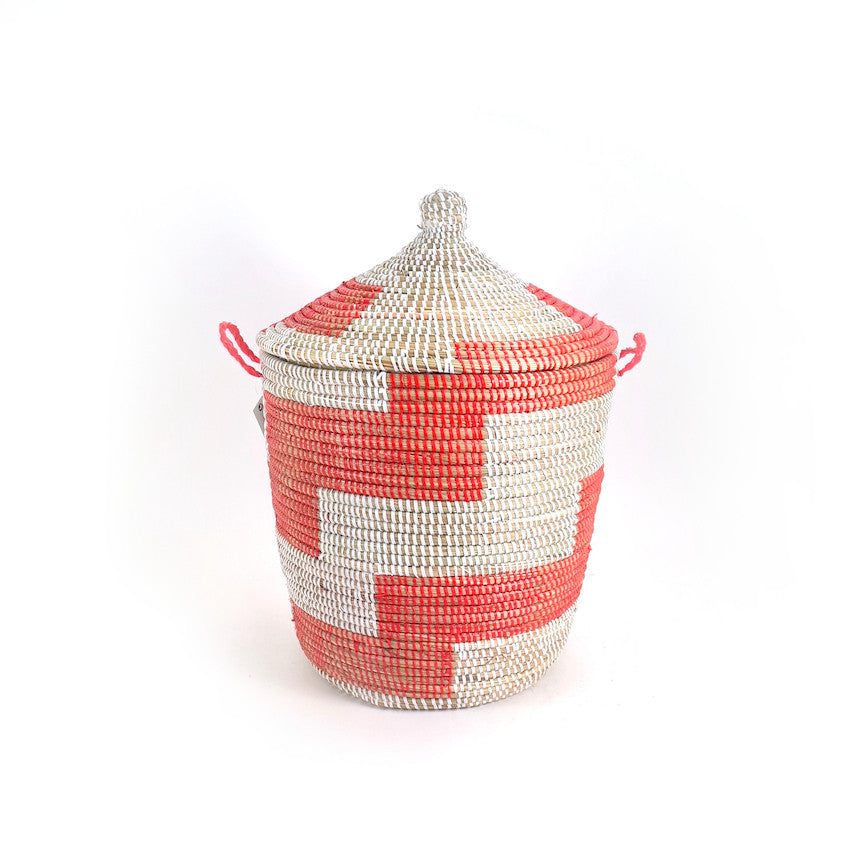 Red and White Stripe Woven Basket - Medium