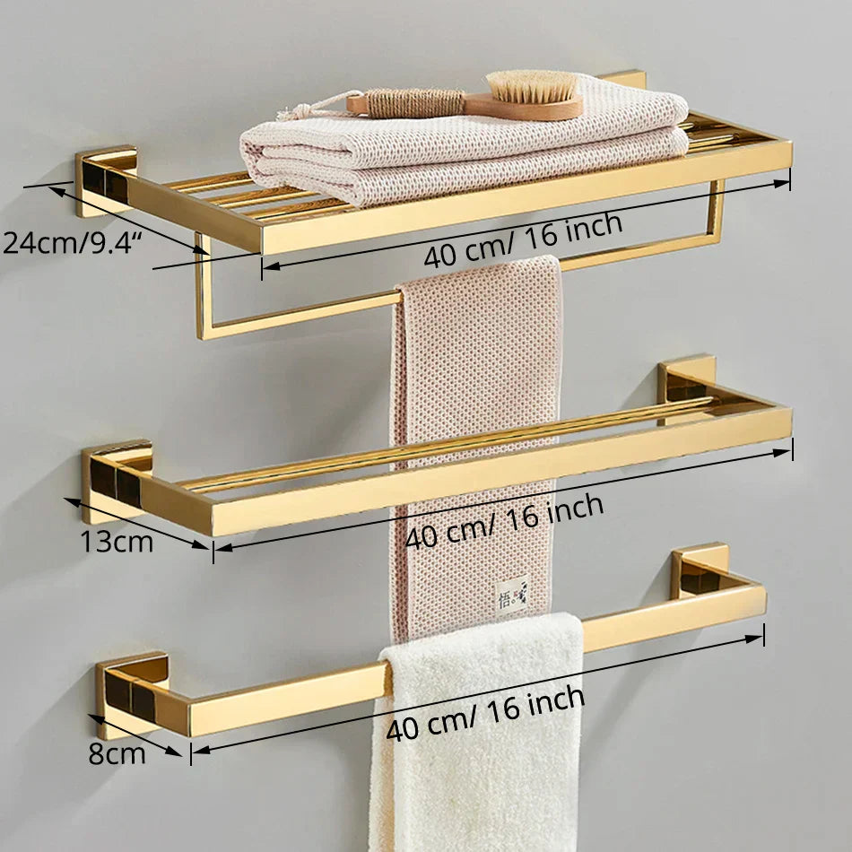 Gold Bathroom Hardware Set: Hook, Towel Rail, Bar, Shelf, Tissue Holder & More