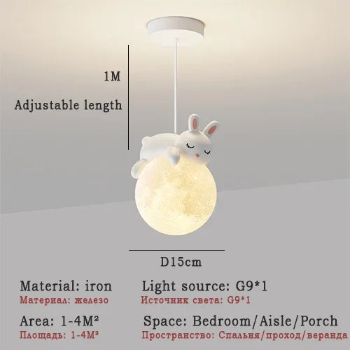 Kids Room LED Chandeliers White Bear Bunny Pendant Light Glass Bedside Lamp