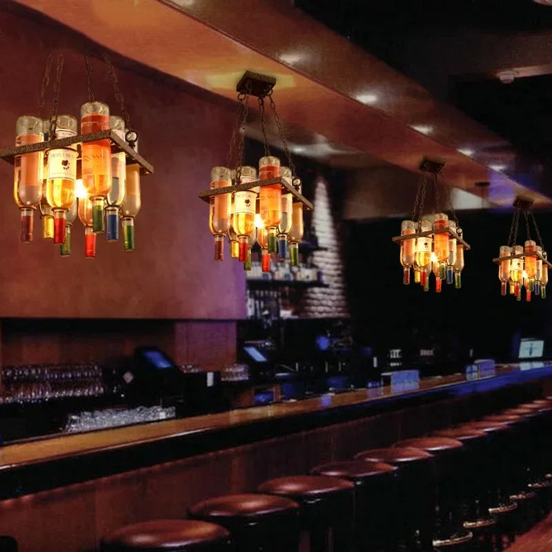 Industrial Metal Wine Bottle Chandelier for Coffee Shop Bar LED Decor