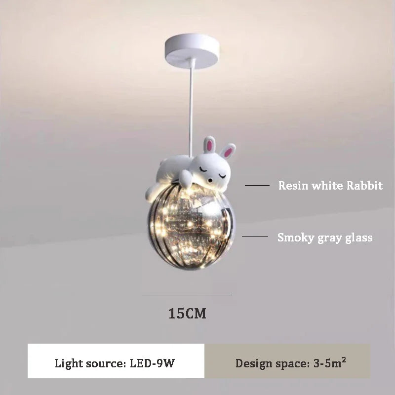 Kids Room LED Chandeliers White Bear Bunny Pendant Light Glass Bedside Lamp
