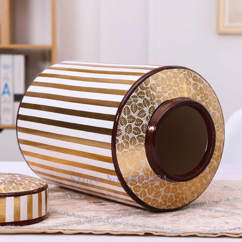 Golden Stripe Ceramics Vase with Cover, Modern Storage Jar for Home Decor
