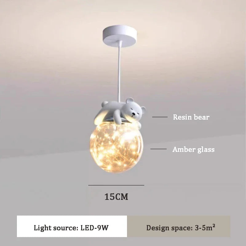 Kids Room LED Chandeliers White Bear Bunny Pendant Light Glass Bedside Lamp