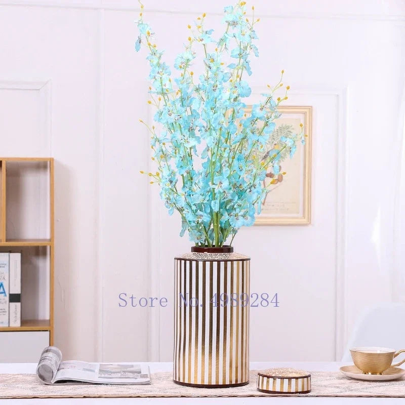 Golden Stripe Ceramics Vase with Cover, Modern Storage Jar for Home Decor