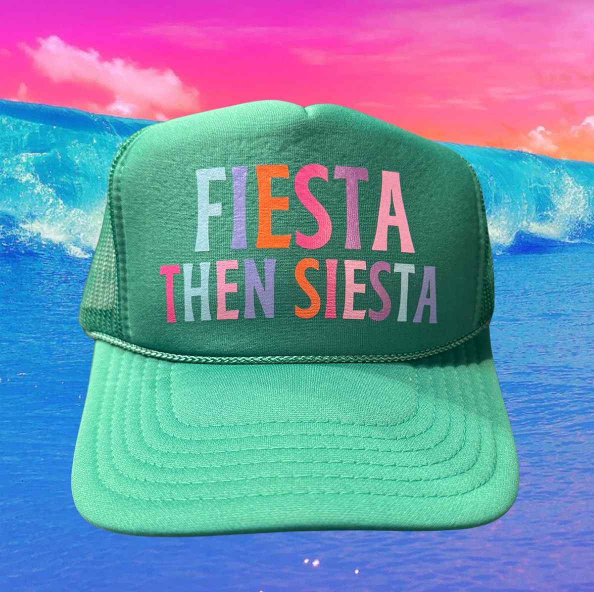 Midlifers FIESTA THEN SIESTA kelly green trucker hat
