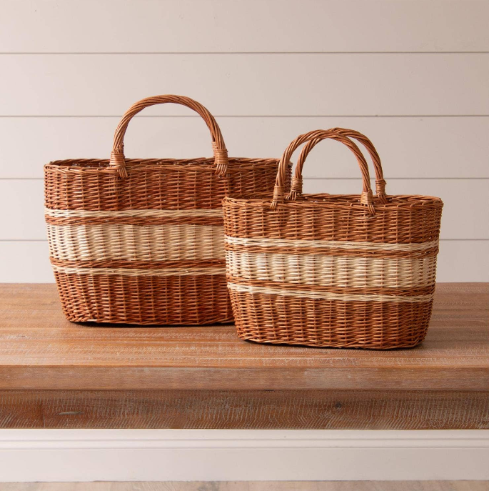 Tan And Cream Striped Wicker Baskets