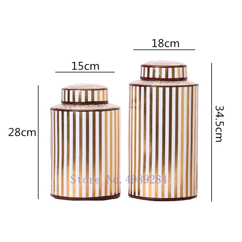 Golden Stripe Ceramics Vase with Cover, Modern Storage Jar for Home Decor