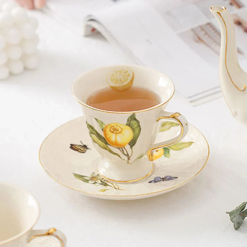 Gold Edge Cup & Saucer Set: Lemon Teapot, Coffee Mug, Ceramic Plates & Drinkware