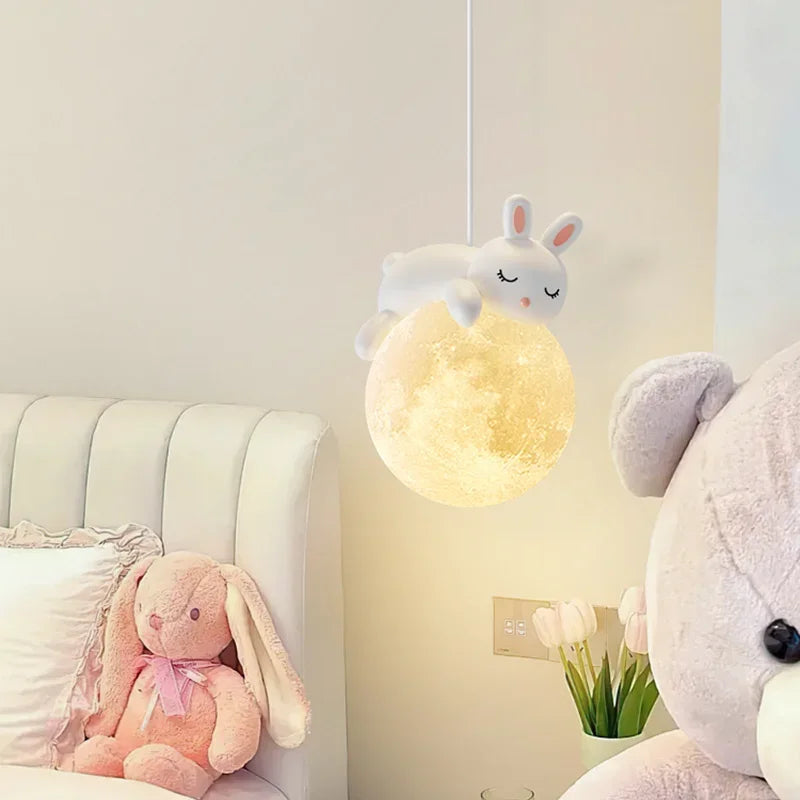 Kids Room LED Chandeliers White Bear Bunny Pendant Light Glass Bedside Lamp