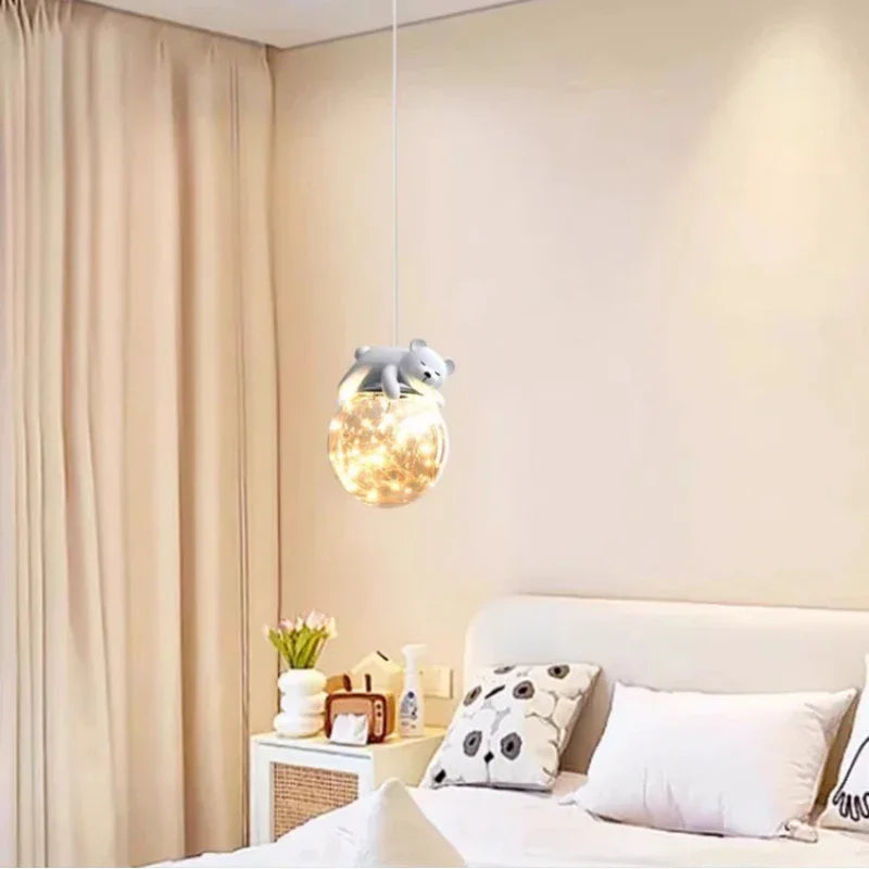 Kids Room LED Chandeliers White Bear Bunny Pendant Light Glass Bedside Lamp