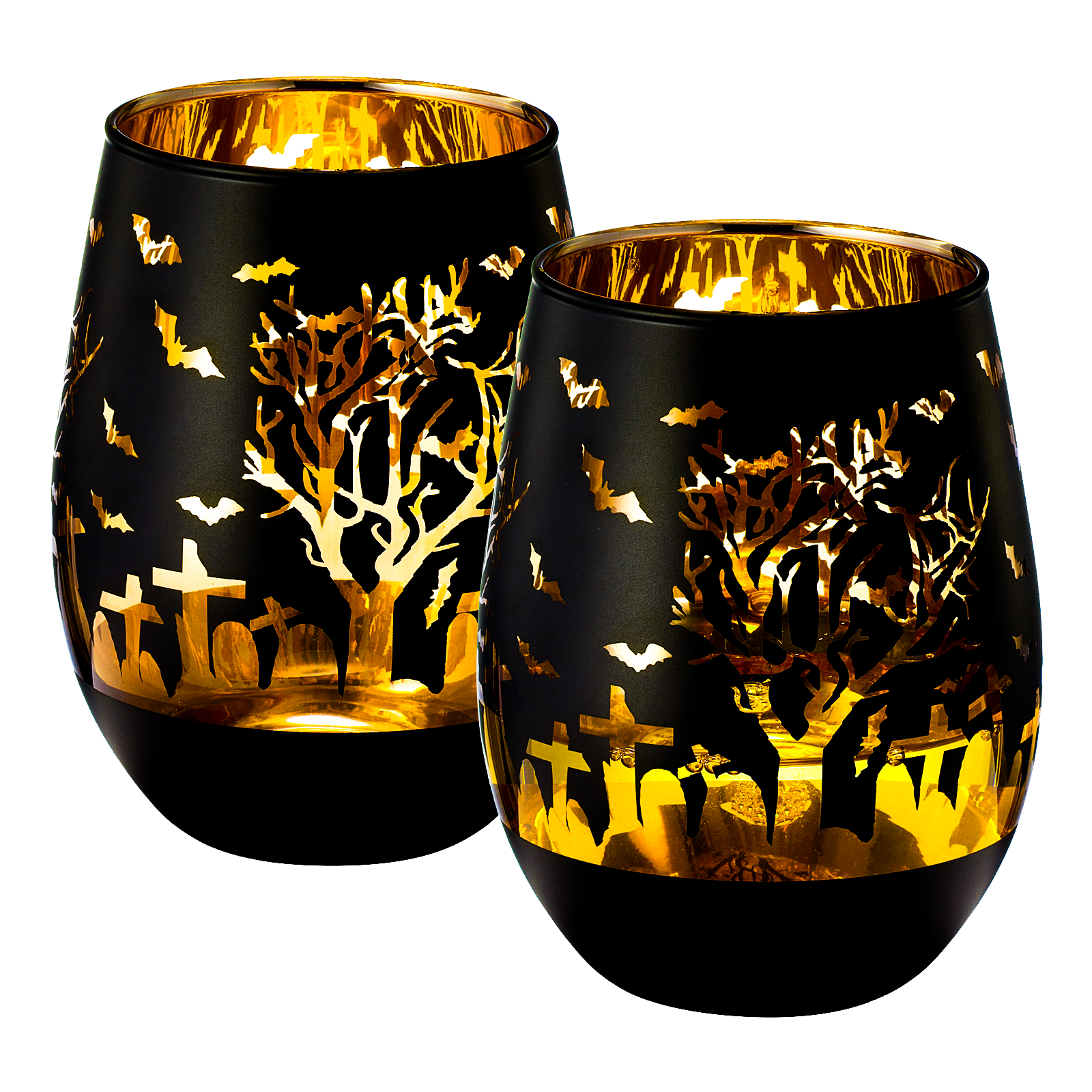 Crystal Halloween Stemless Wine Glass Set Of 2 Themed Vibrant Black Gold Etched Spooky Graveyard Pat
