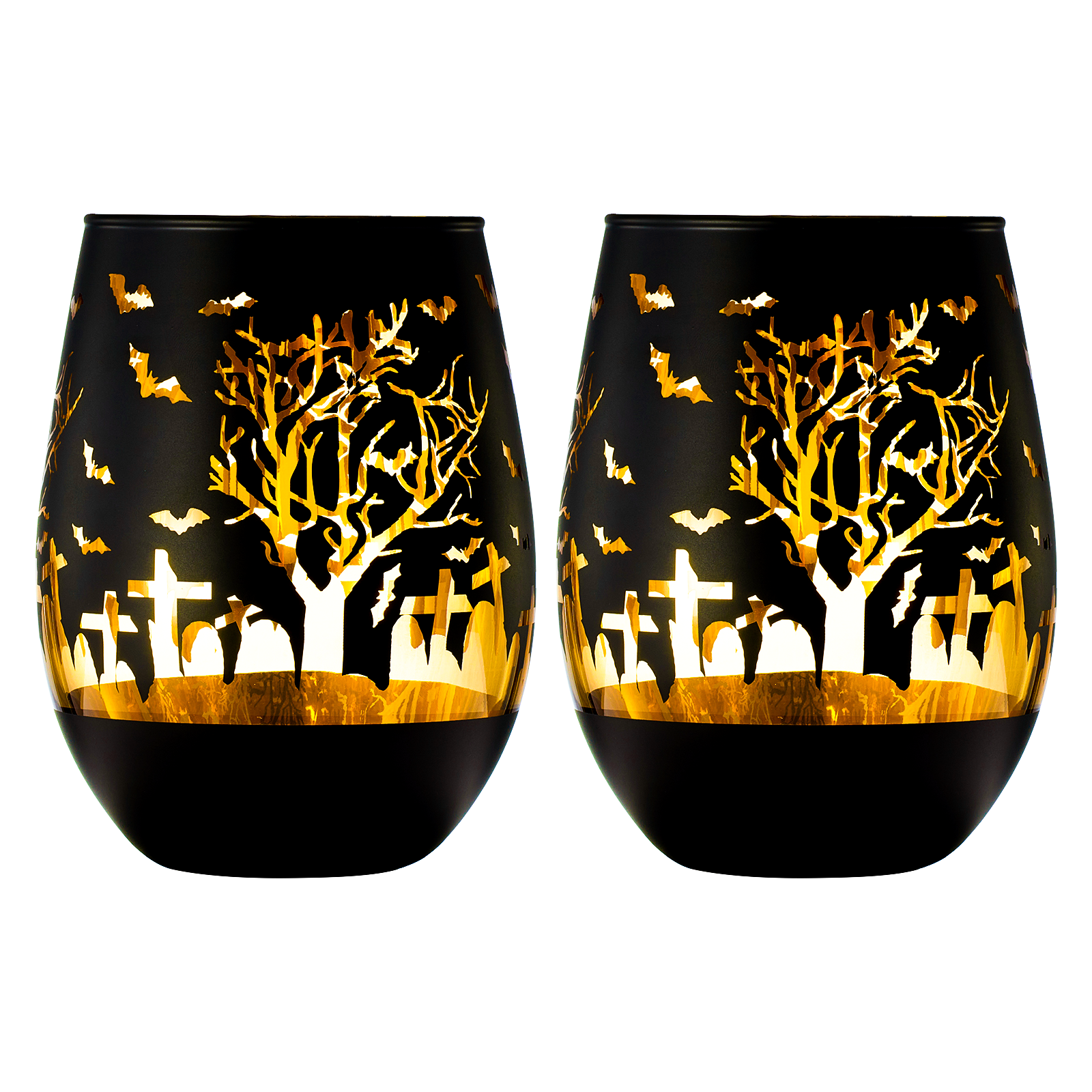 Crystal Halloween Stemless Wine Glass Set Of 2 Themed Vibrant Black Gold Etched Spooky Graveyard Pat