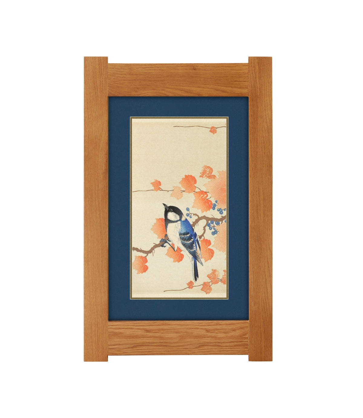 Arts & Crafts Mission Oak Framed Art with Blue Jay in Autumn Blossom