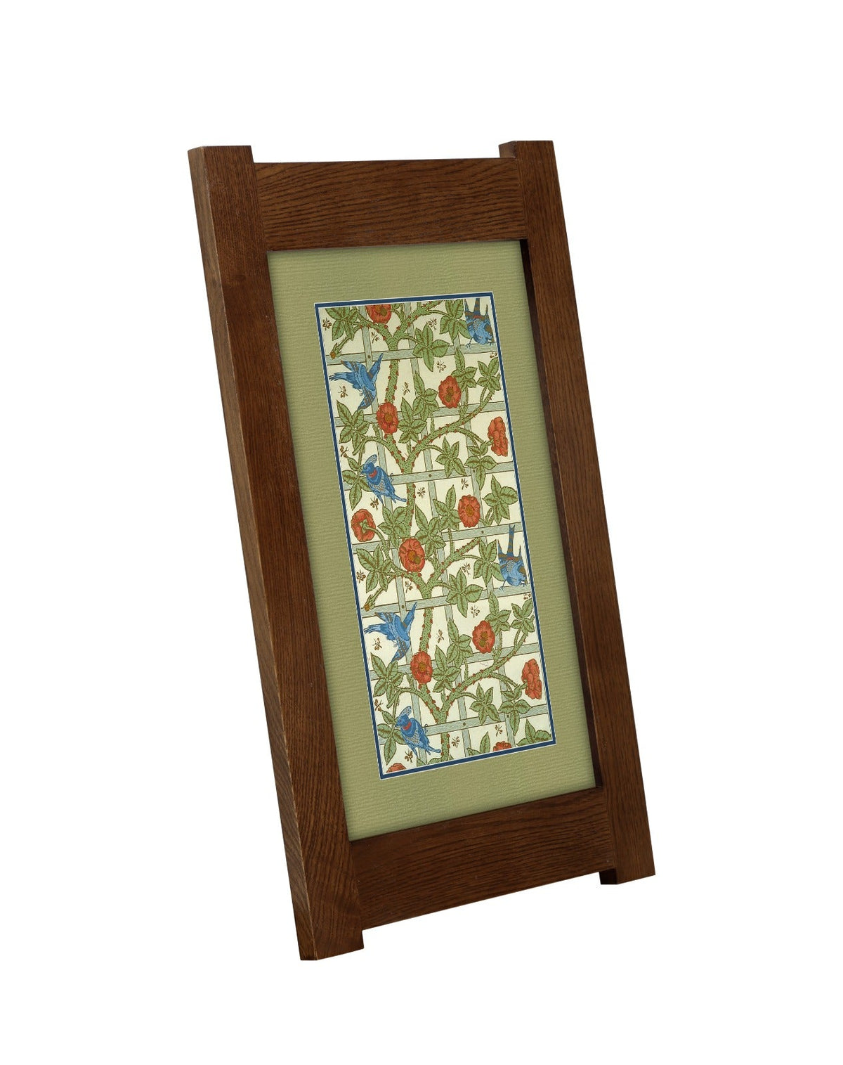 Arts & Crafts Mission Oak Framed Art with Blue Birds Amongst Roses