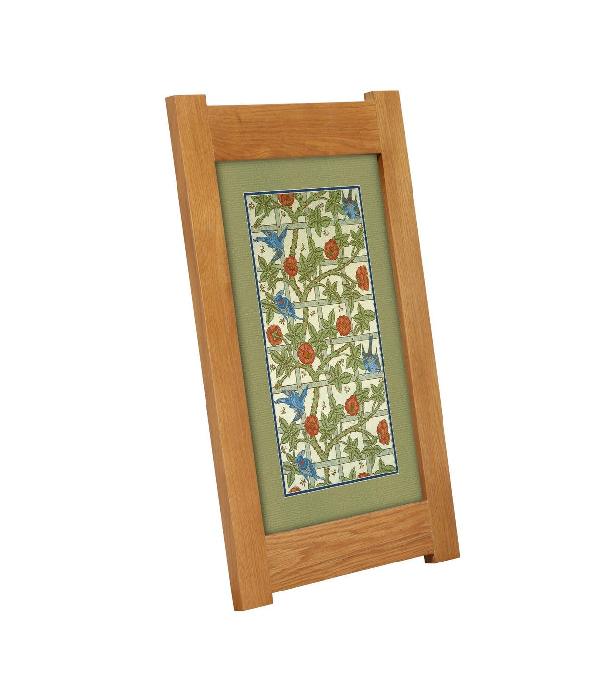 Arts & Crafts Mission Oak Framed Art with Blue Birds Amongst Roses