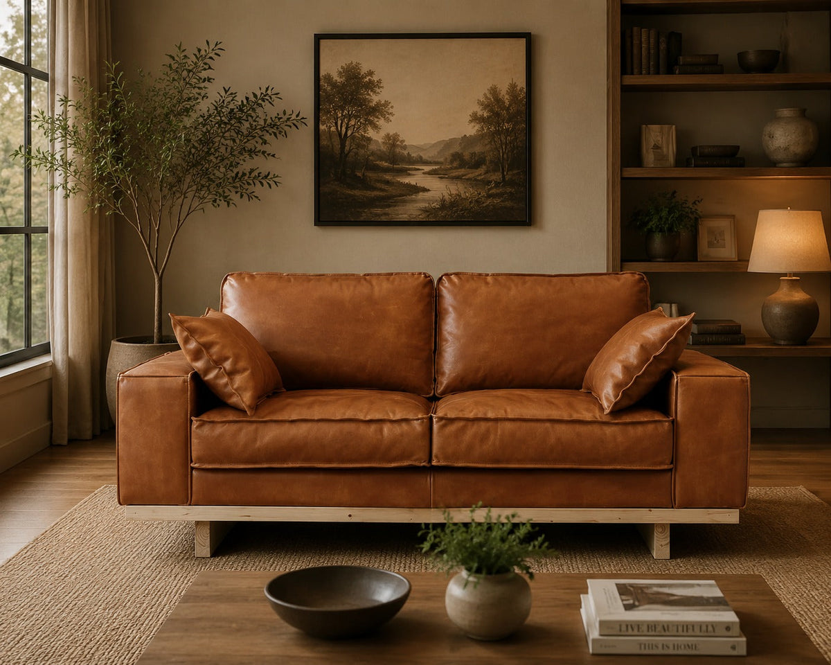 Wainscot Top Grain Leather Love Seat - Light Chestnut