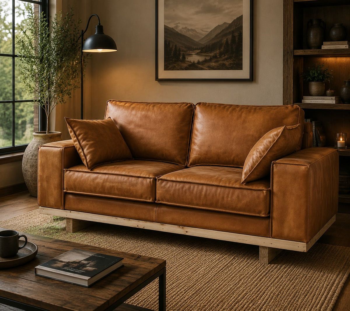 Wainscot Top Grain Leather Love Seat - Light Chestnut