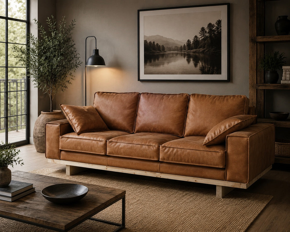Wainscot Top Grain Leather Sofa - Light Chestnut