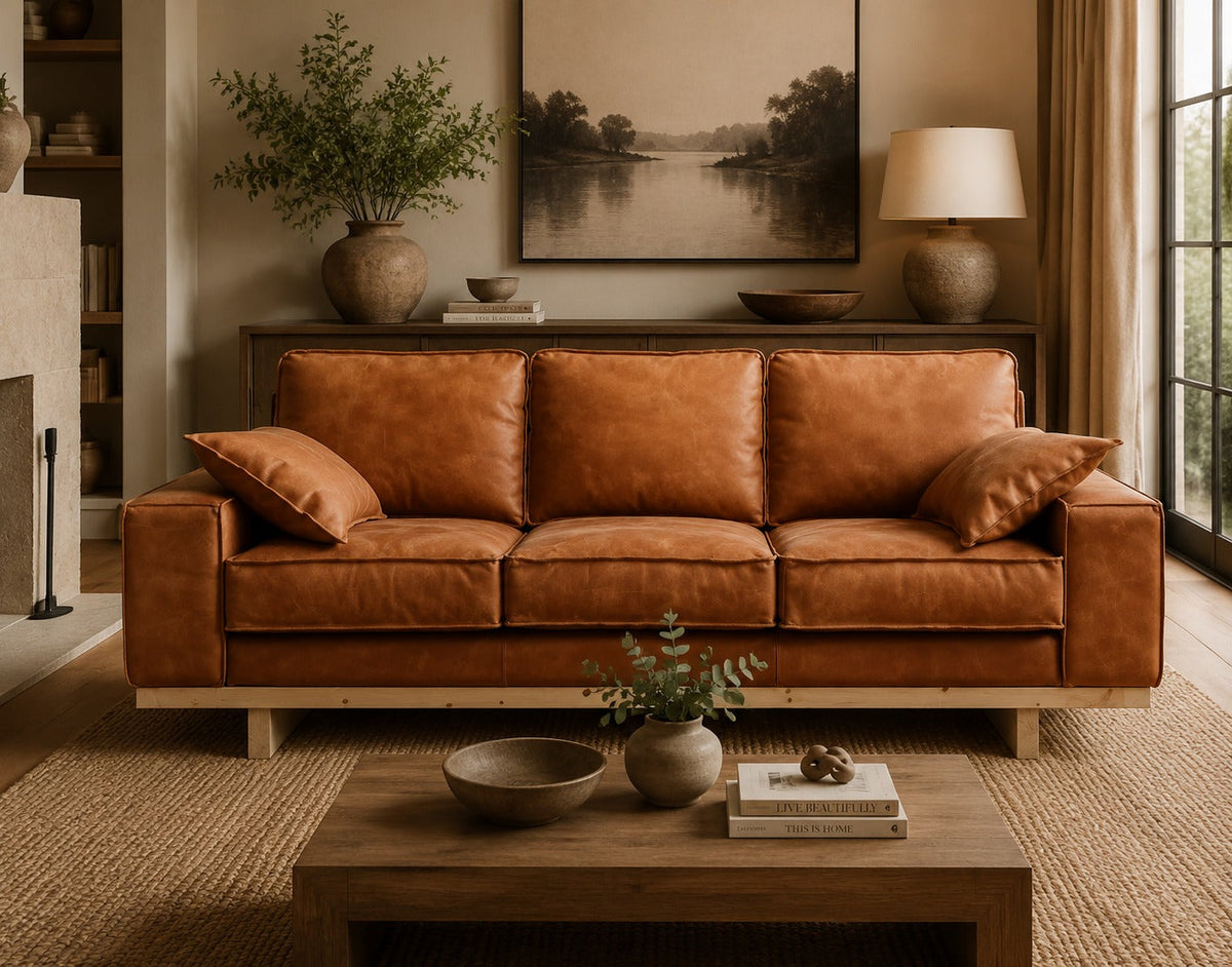 Wainscot Top Grain Leather Sofa - Light Chestnut
