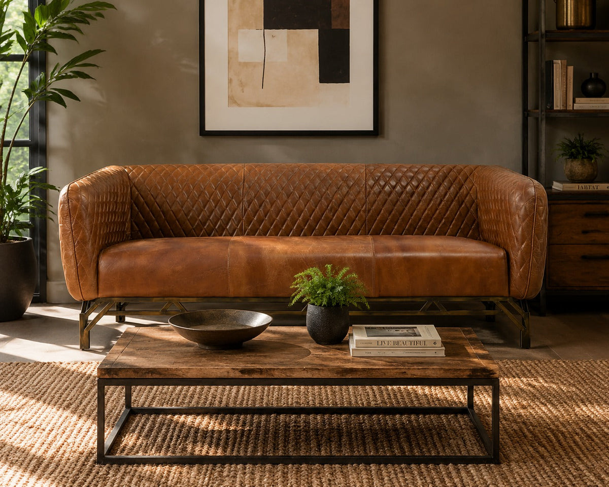 Vincent Industrial Modern Sofa - Light Brown Leather
