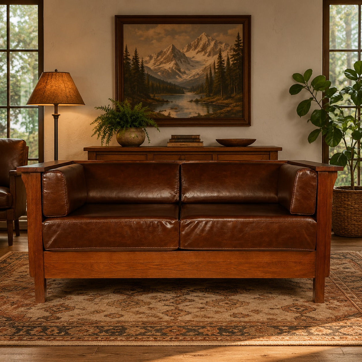 Craftsman Cubic Panel Side Love Seat - Chestnut Brown Leather