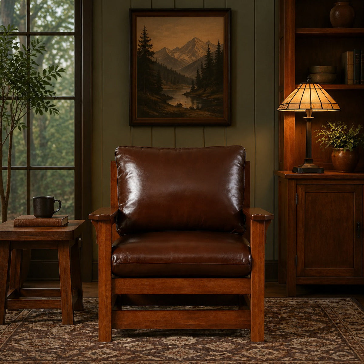 Mission Leather and Oak Armchair / Living Room chair - Chestnut