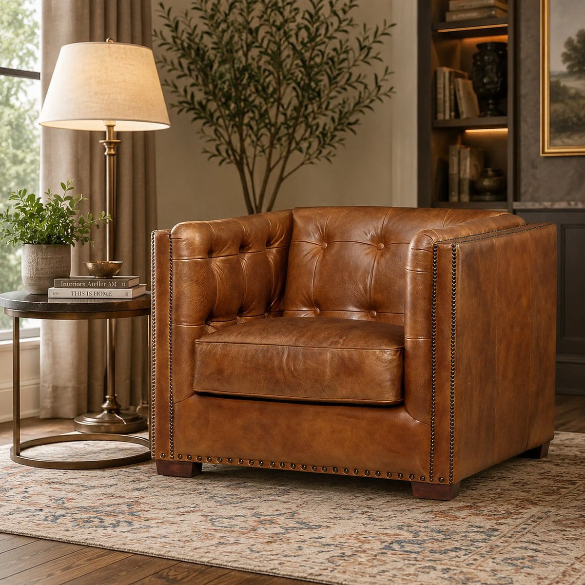 Tuxedo Leather Arm Chair - Light Brown