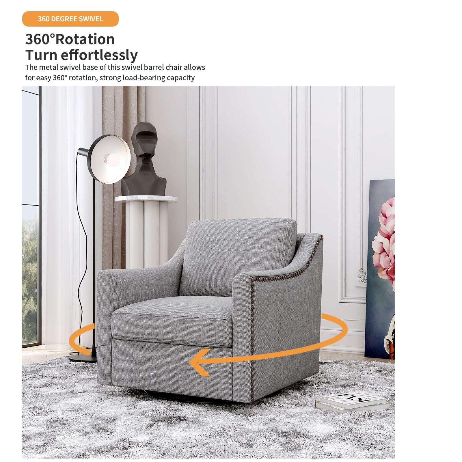 360 Degree Swivel Armchair, Skin Friendly Fabric, Ergonomic Design, Brass Nail Decorative Armchair