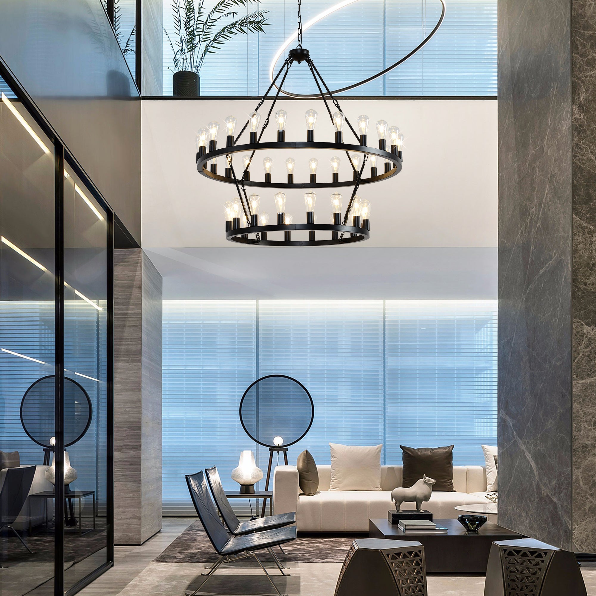 36-Lights 2-Level Matte Black Wagon Wheel Chandelier (24+12)
