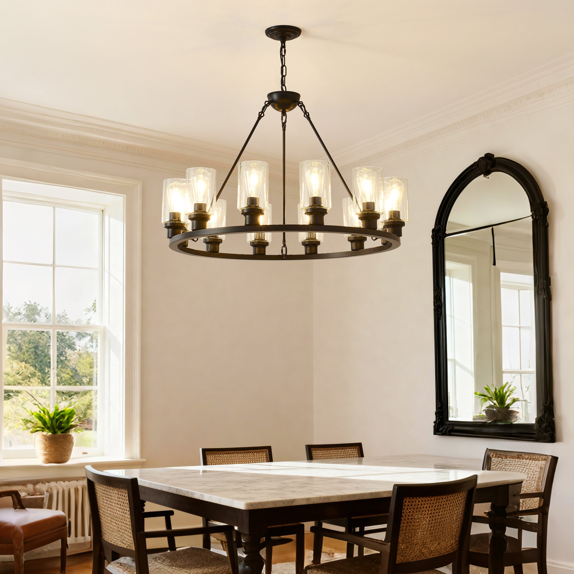 12-Light Black Wagon Wheel Chandelier, 31.5" Modern Farmhouse Glass Pendant