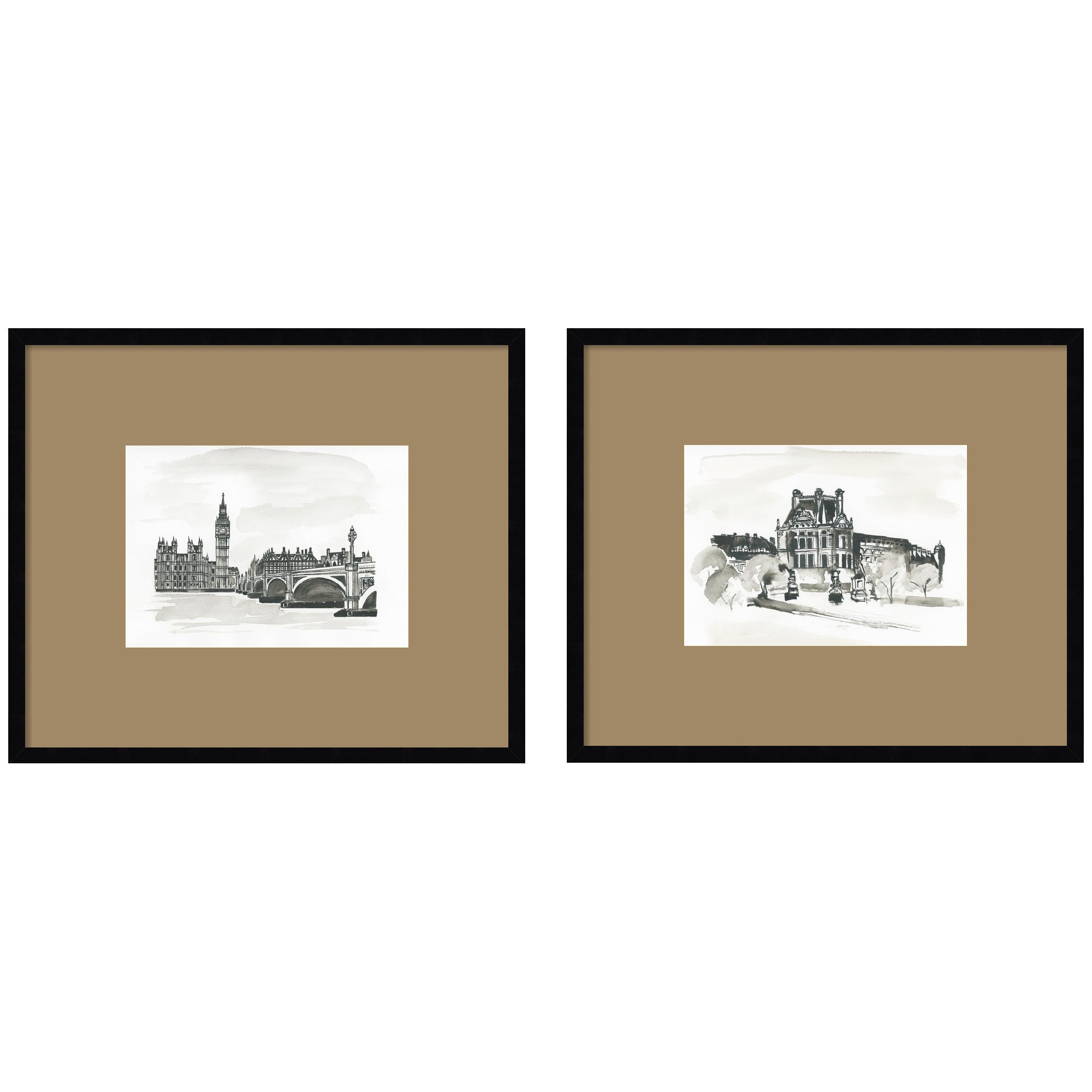 Vintage Postcard London & Paris 2 Piece Framed Wall Art Print Set by Teju Reval Brown Mat