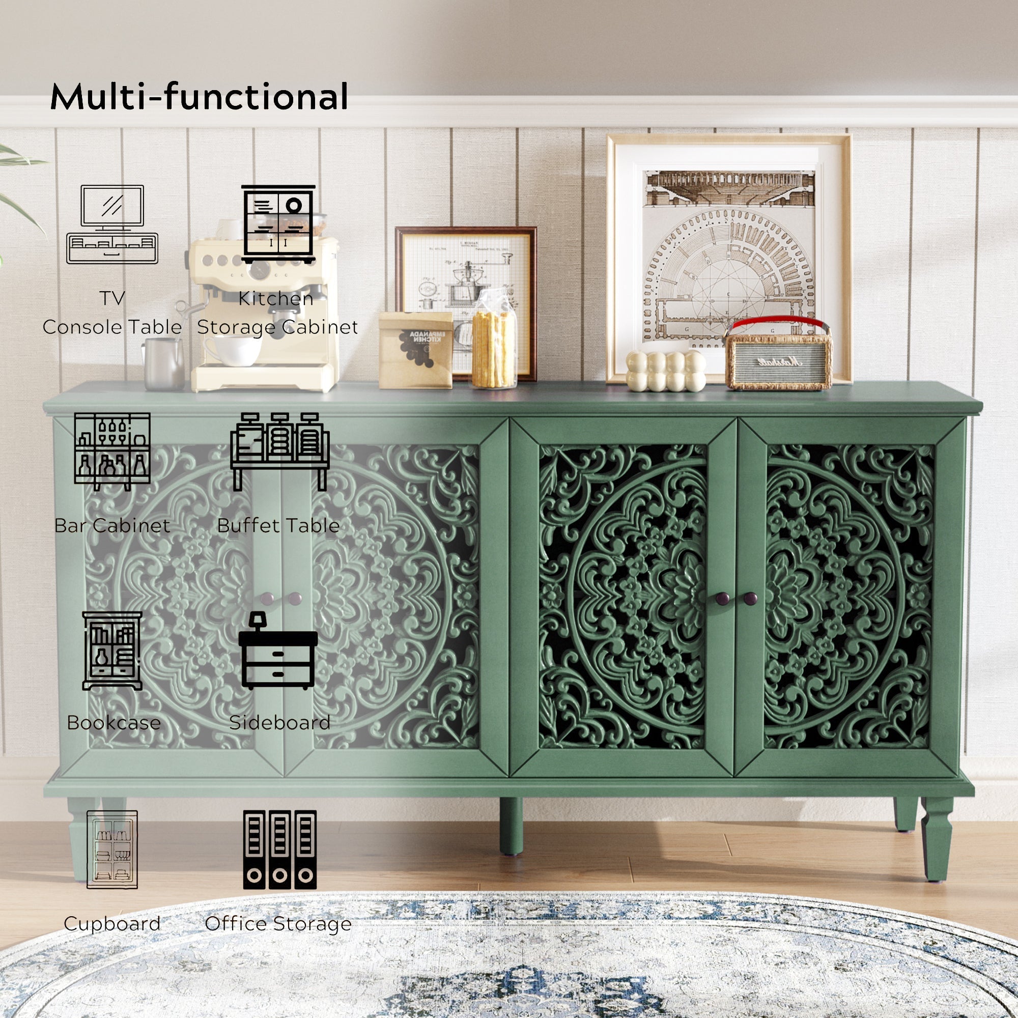 60' Antique Buffet Cabinet with Floral Carvings