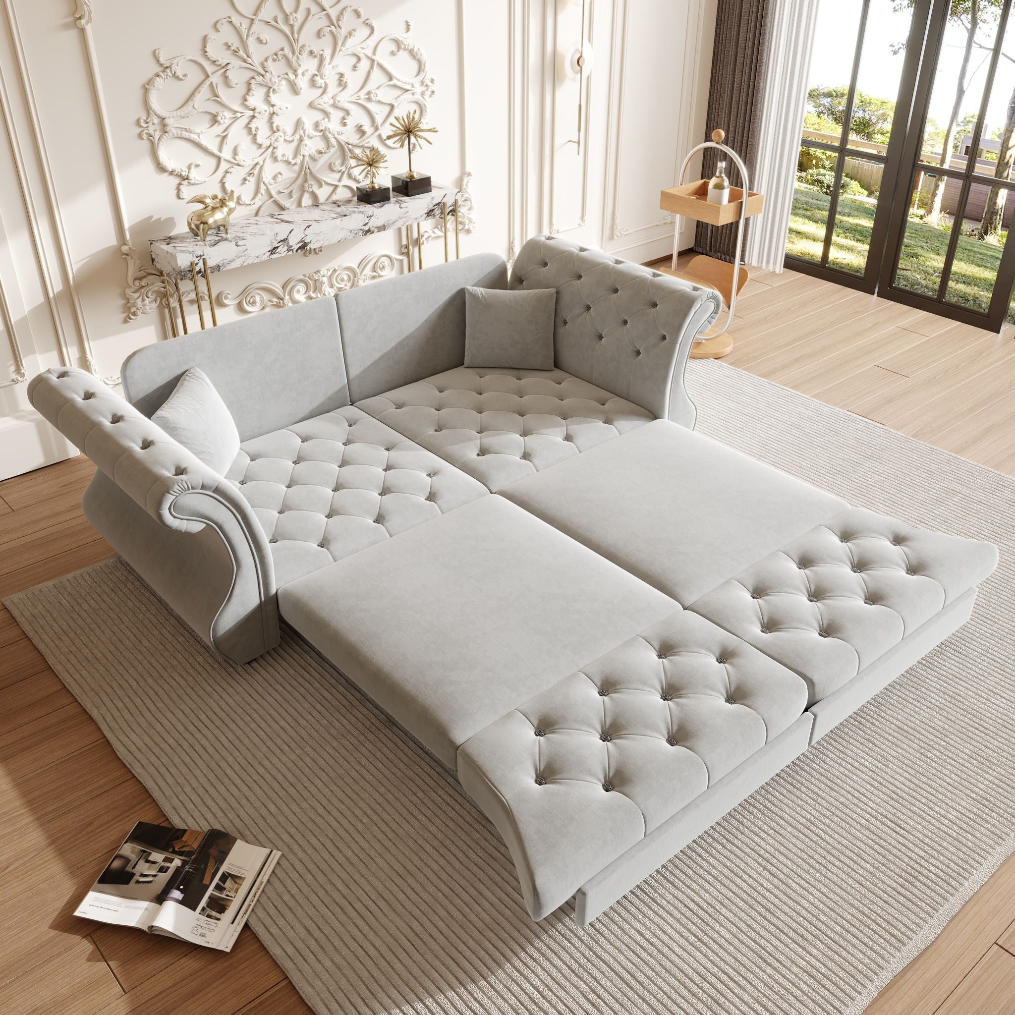 Oversized Chesterfield Pull Out Sofa Bed, Roll Arm Couch With Flower Tufting For Living Room