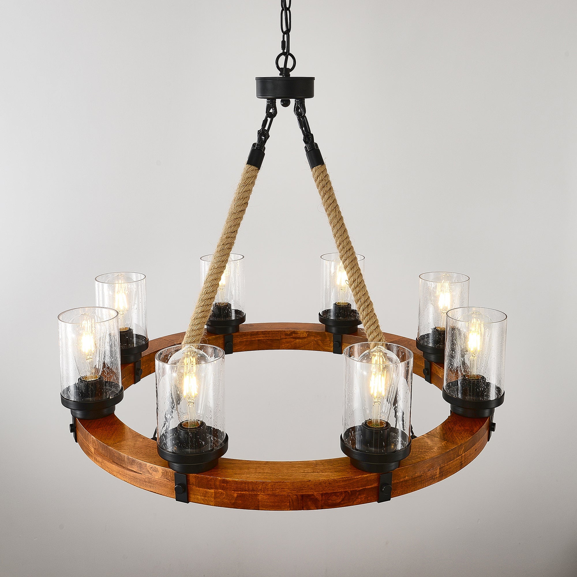 8 Light Rustic Wagon Wheel Chandelier, 31" Wooden Pendant Light with Seeded Glass Shade