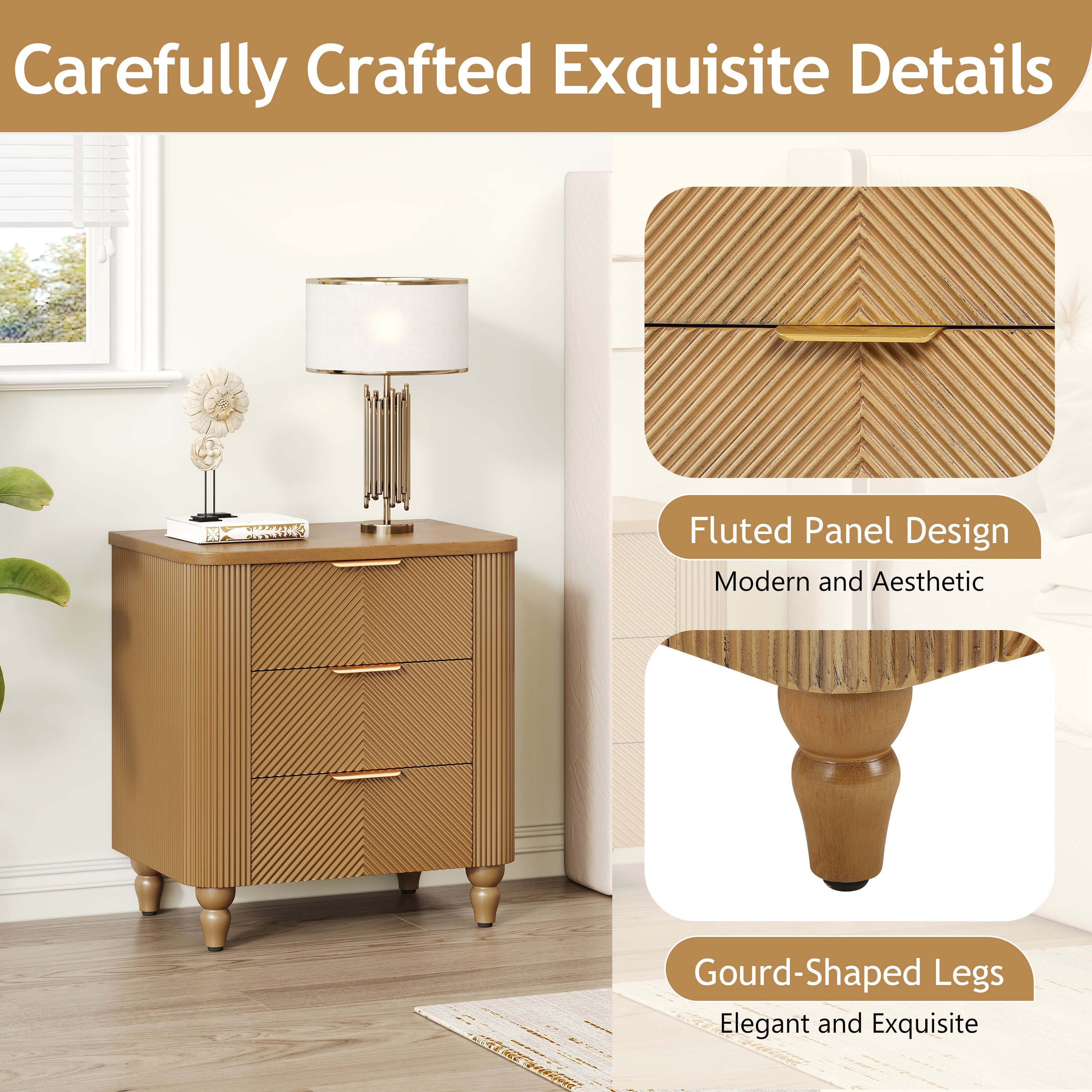 Mid-Century Fluted 3 Drawers Nightstand, Bedside Table with Curved Profile Design and Wide