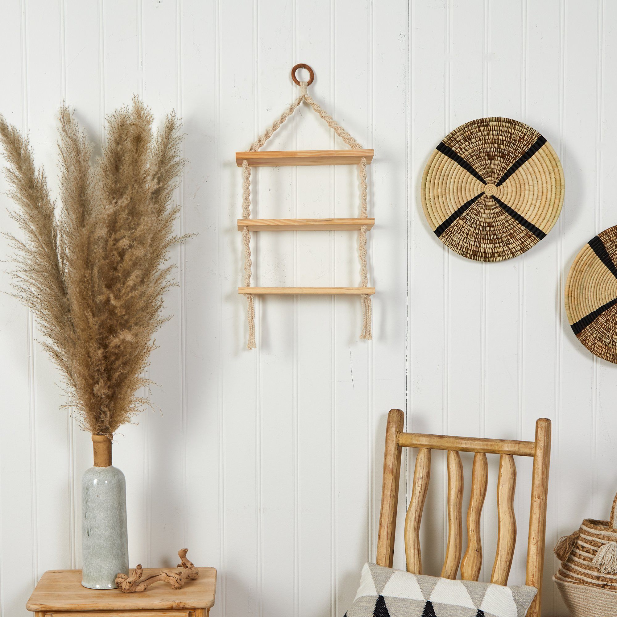 2.5’ x 1’ Three Tier Handmade Boho Macrame Wall Hanging with Wooden Shelf