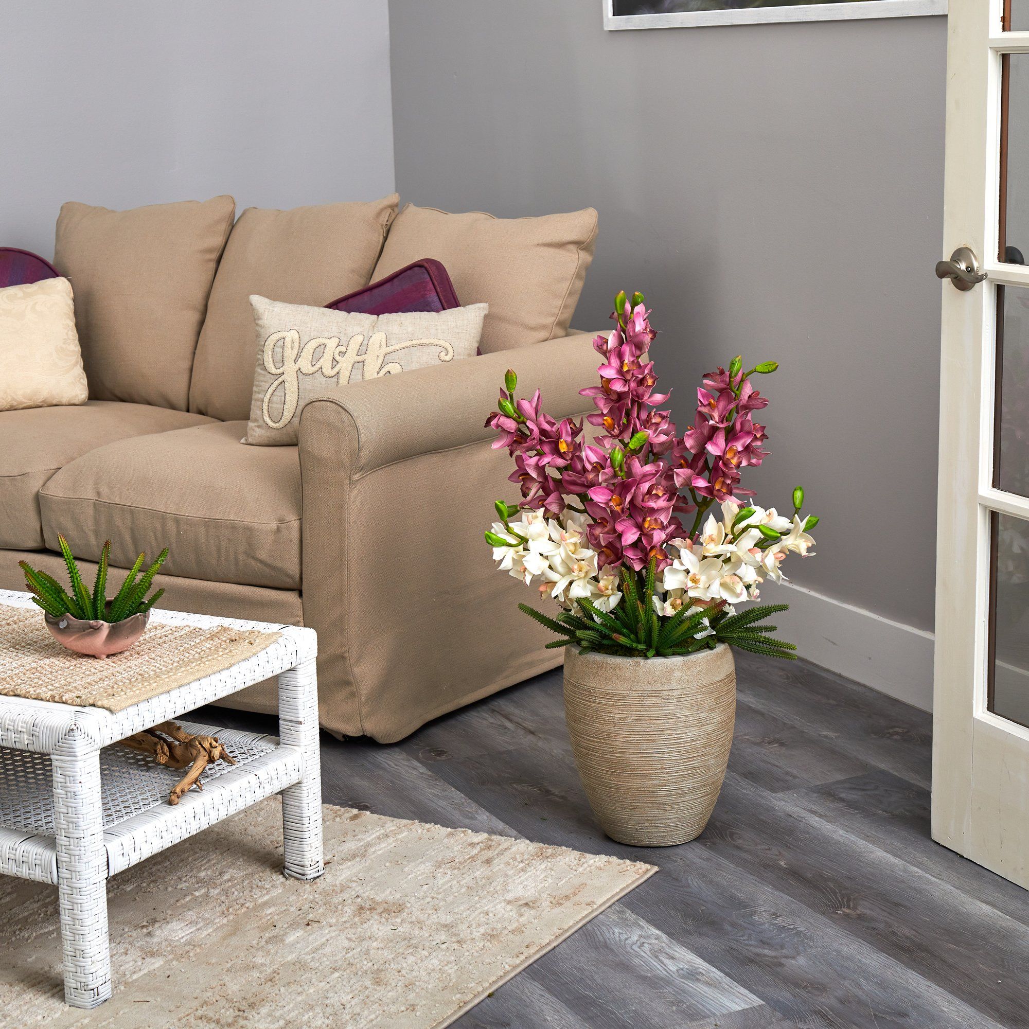 32” Cymbidium Orchid and Cactus Succulent Artificial Arrangement in Sand Colored Vase