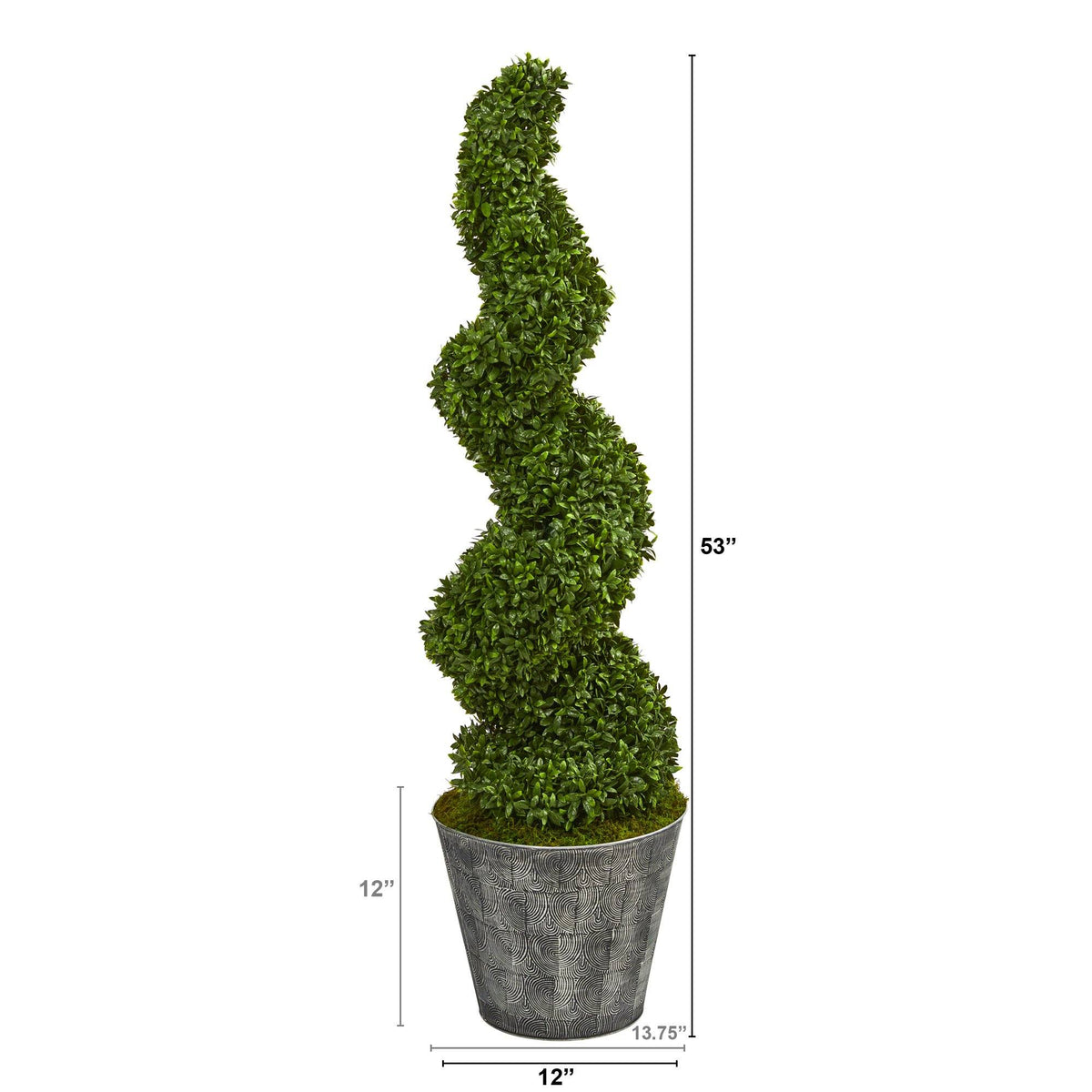 53” Spiral Hazel Leaf Artificial Topiary Tree in Black Embossed Tin Planter (Indoor/Outdoor)