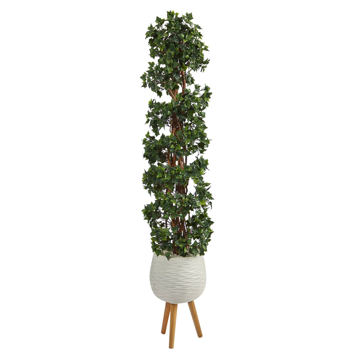 5.5’ English Ivy Topiary Spiral Artificial Tree in White Planter with Stand (Indoor/Outdoor)