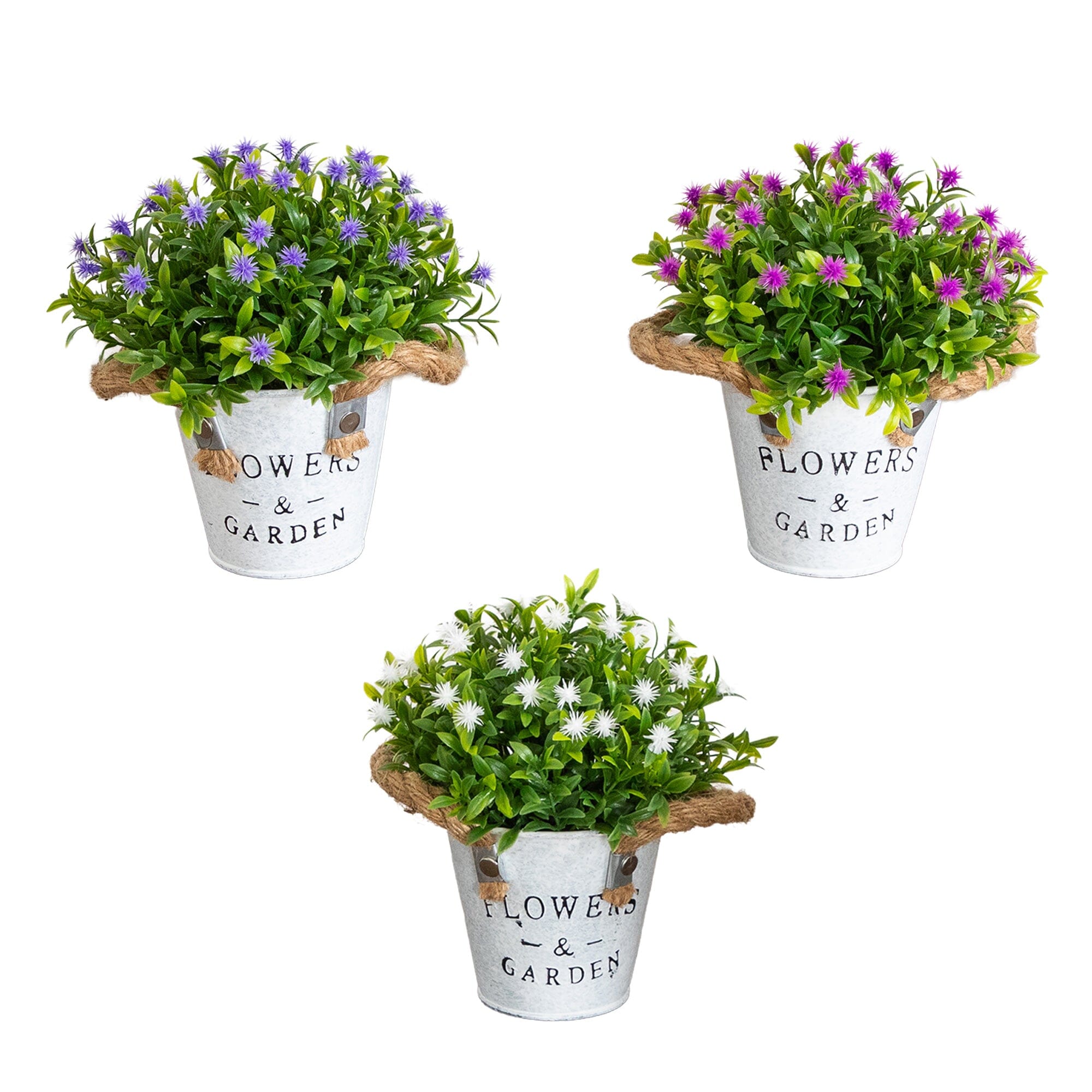 8” Artificial Flowering Plant in Rustic Flowers & Garden Planter -Set of 3