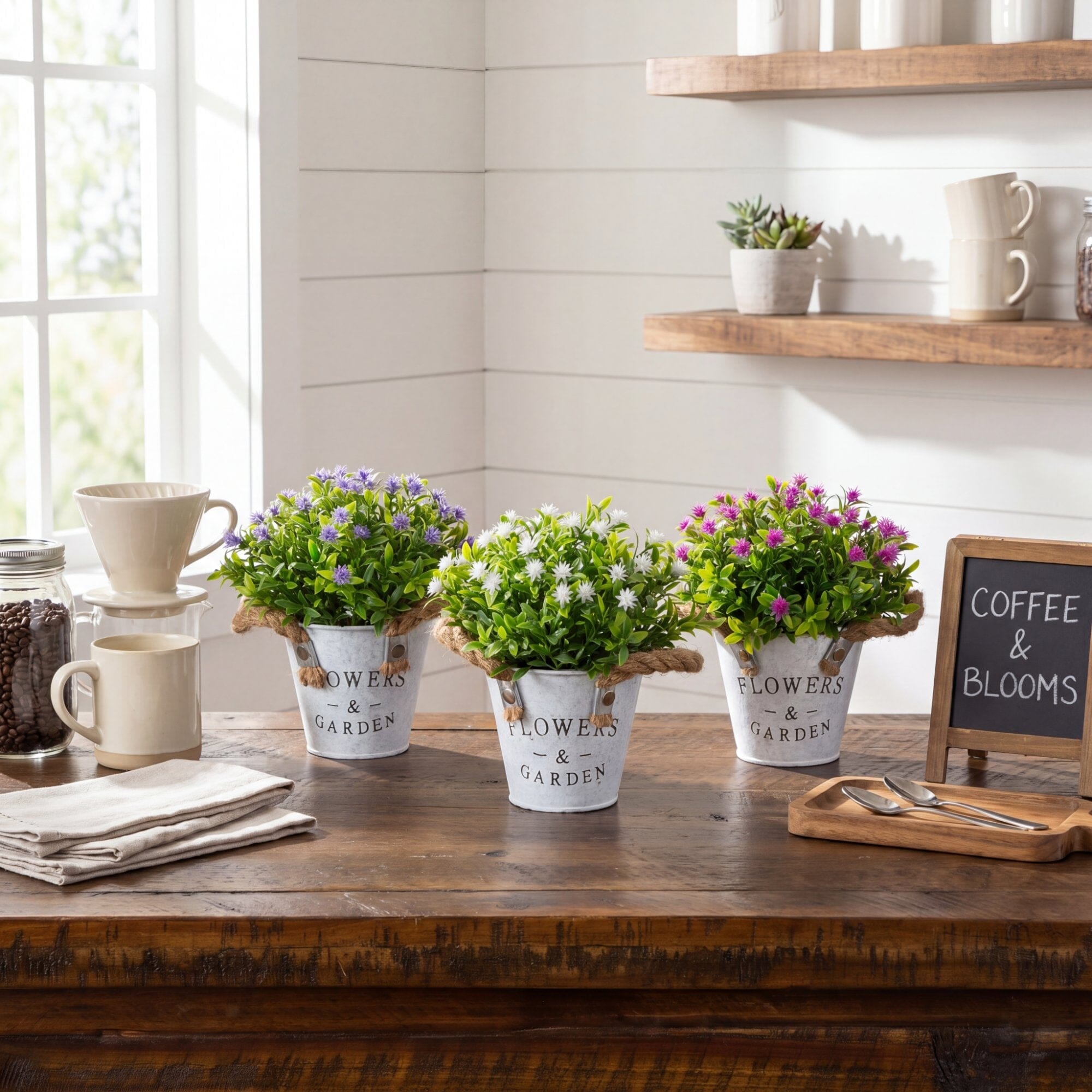 8” Artificial Flowering Plant in Rustic Flowers & Garden Planter -Set of 3