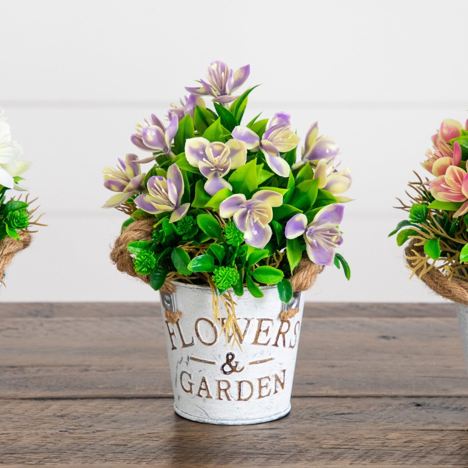 8” Artificial Lush Flowering Plant in Rustic Flowers & Garden Planter -Set of 3