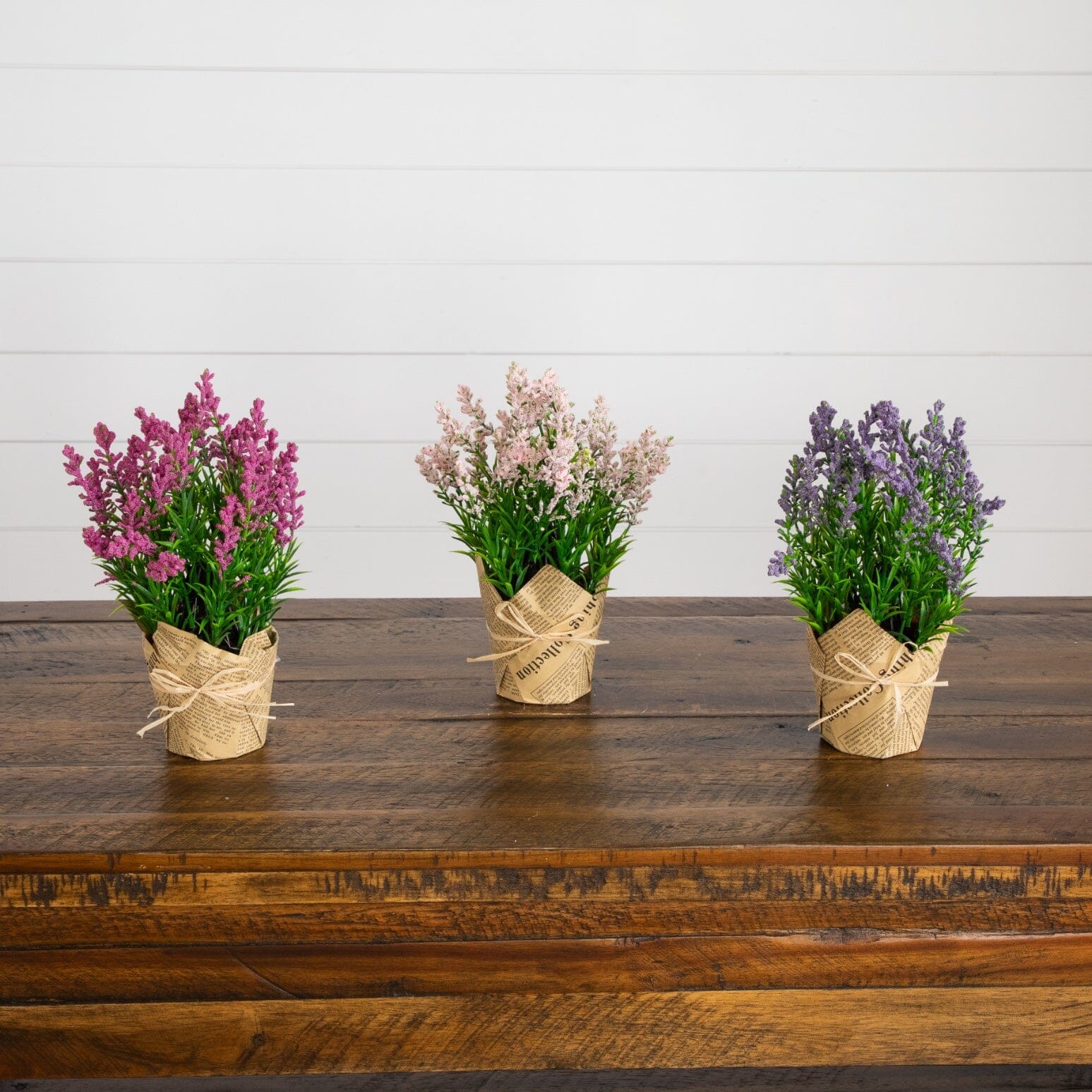 9” Artificial Mixed Lavender Arrangement in Newspaper Wrapped Pot -Set of 3