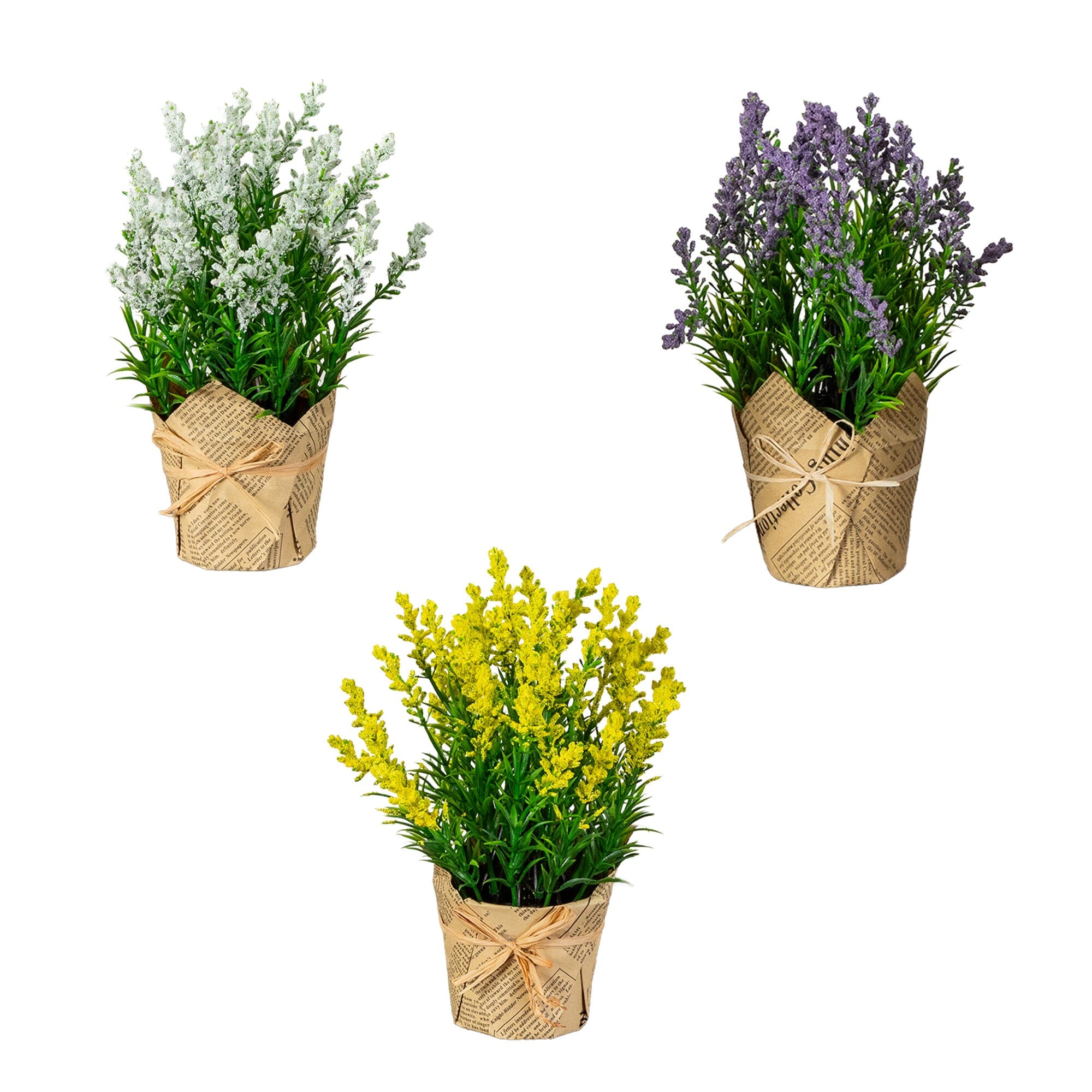 9” Artificial Mixed Lavender Arrangement in Newspaper Wrapped Pot -Set of 3