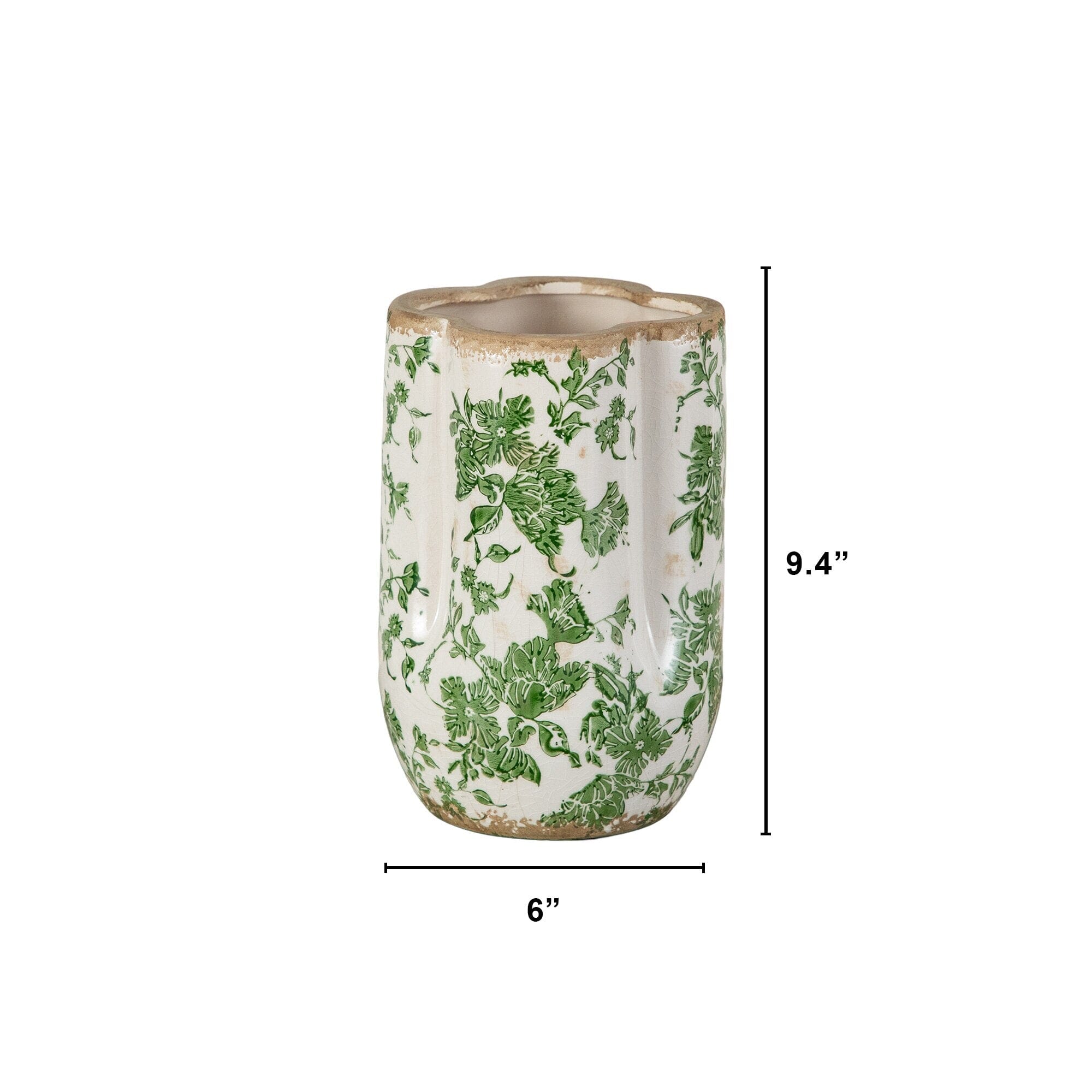 9” Floral Tuscan Ceramic Green Scroll Vase