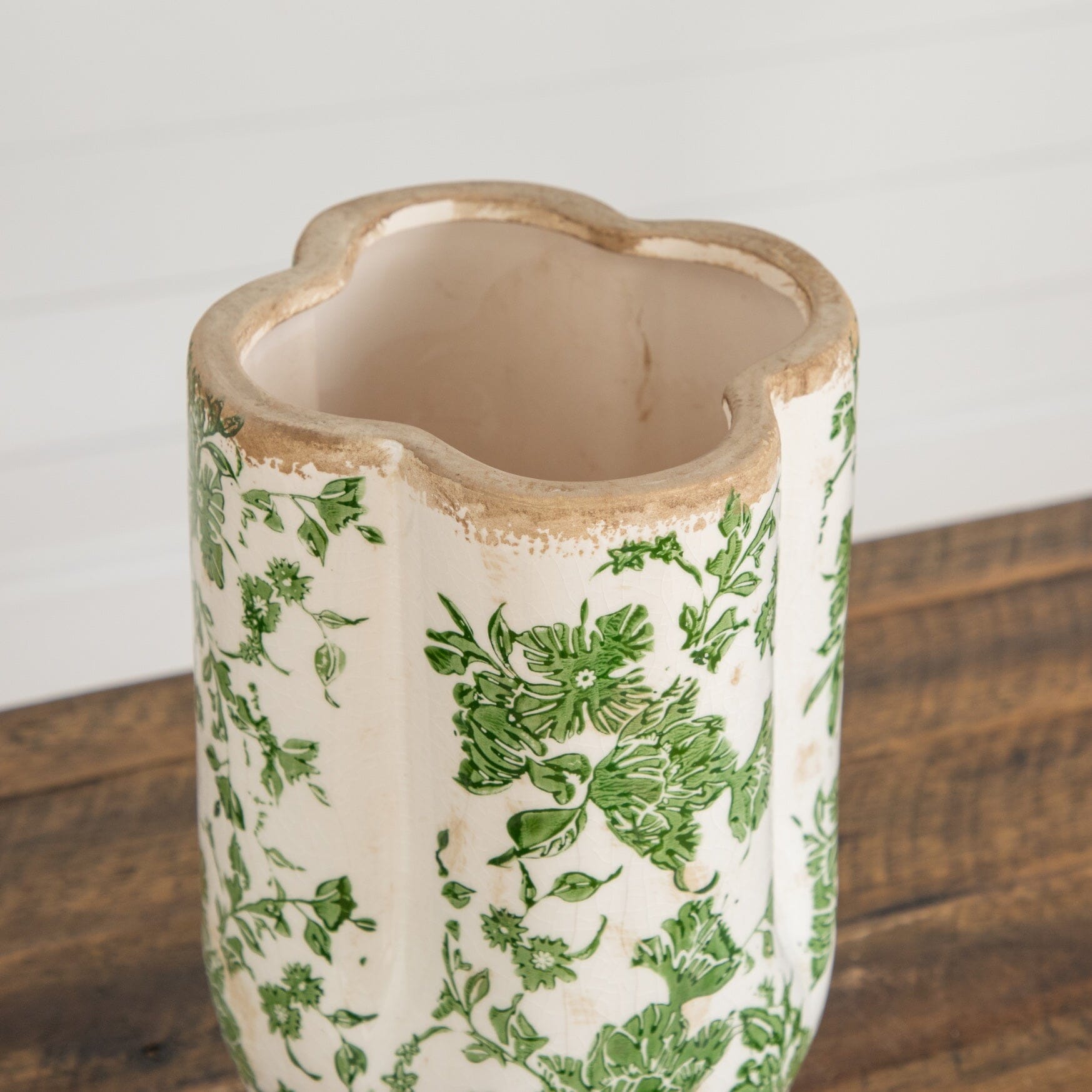 9” Floral Tuscan Ceramic Green Scroll Vase