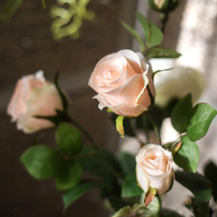 Faux Artificial Flower Silk 4 Rose Bloom Stem in Champagne Color 31" Tall