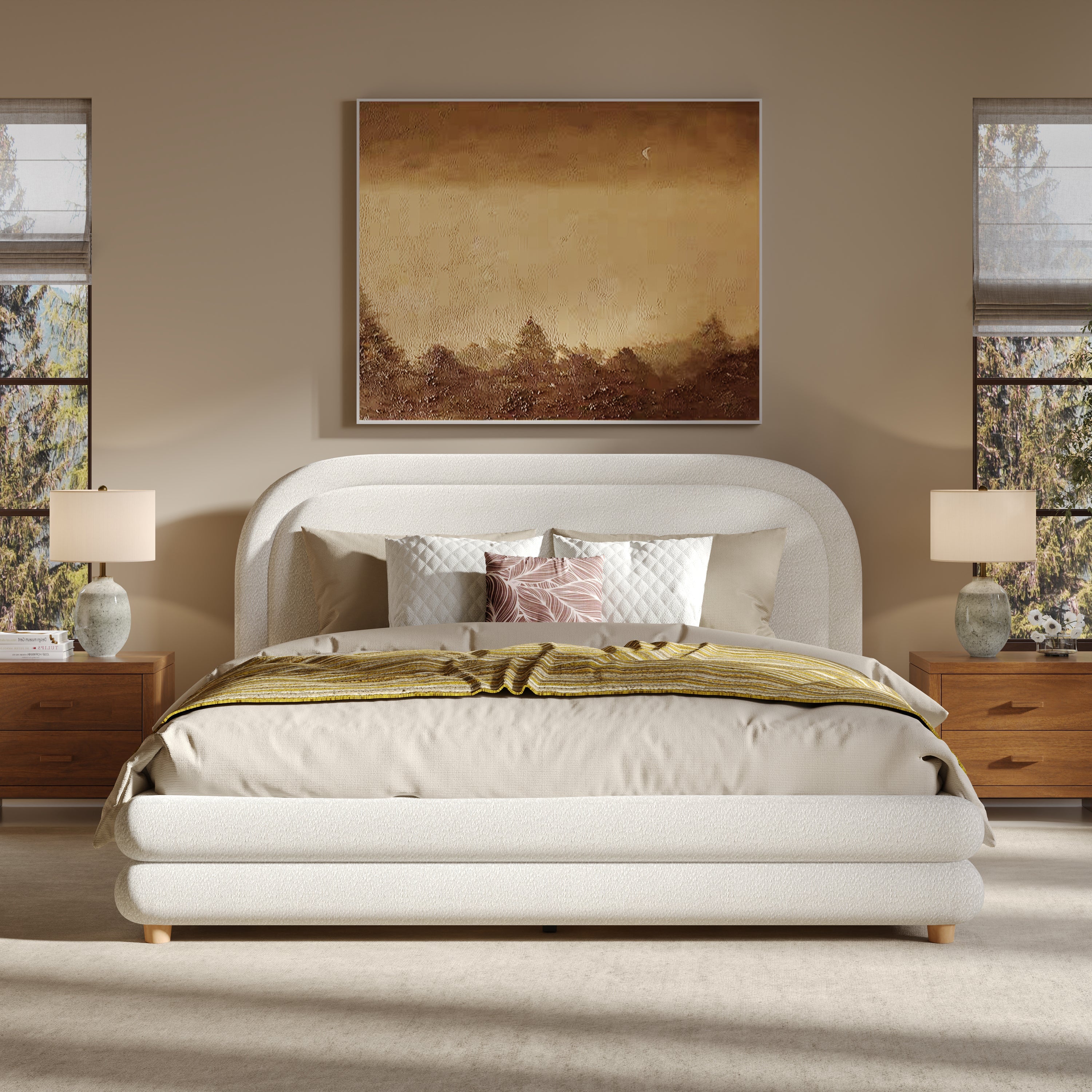 Queen Size Bed Frame With Boucle Upholstered Thick Curved Headboard, Solid Wood Legs