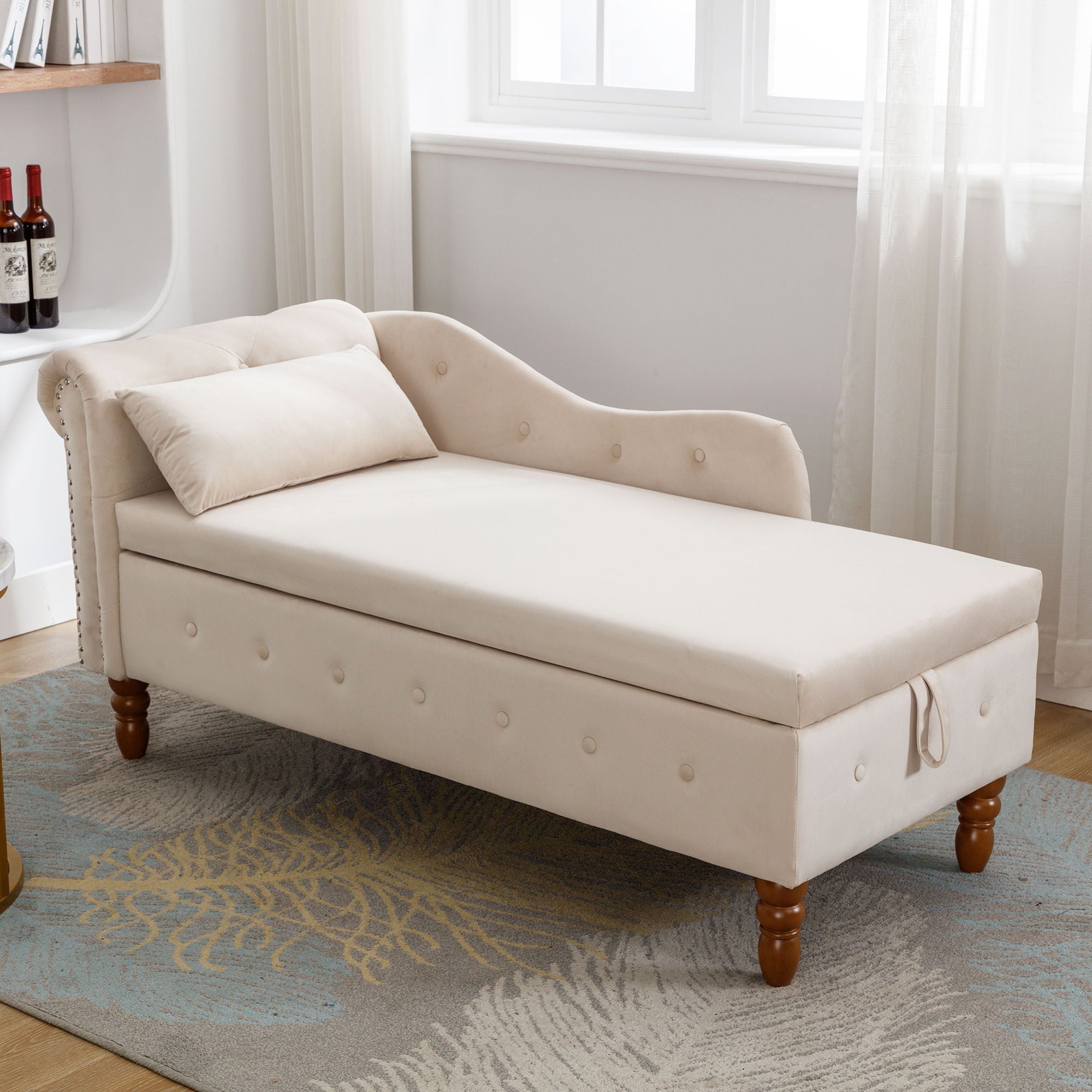 Chaise Lounge Indoor, Lounge Chair For Bedroom With Storage & Pillow, Modern Upholstered Rolled Arm Chase Lounge For Sleeping With Nailhead Trim For Living Room Bedroom Office