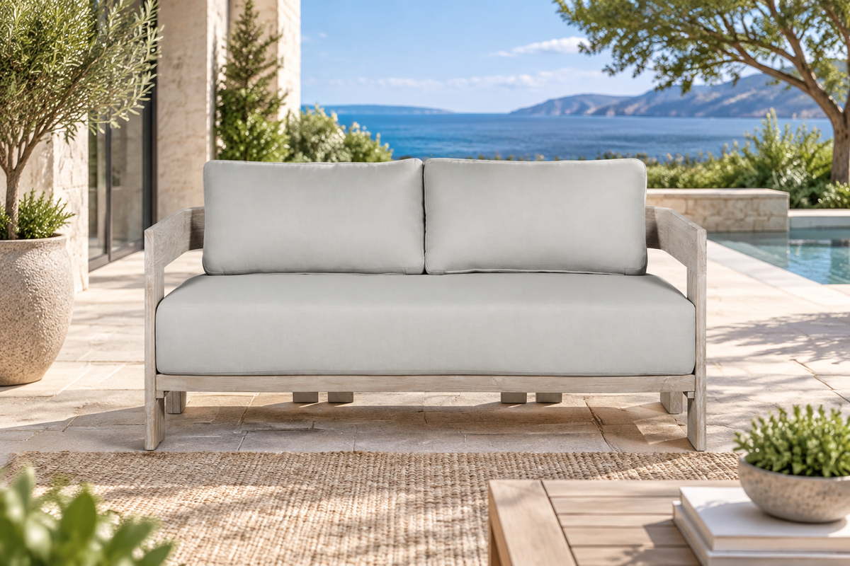 Paradiso Outdoor Solid Teak Wood Love seat - Gray Fabric
